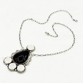 Sheila Tso Black Onyx and Mother of Pearl Garden Cluster Necklace