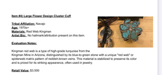 Jewelry item description with a cluster cuff featuring a large flower design on a white background.