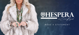 Woman in a textured coat with jewelry, Hespera logo and text on a dark blue background