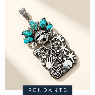 Decorative pendant with turquoise stones and intricate designs on a beige background
