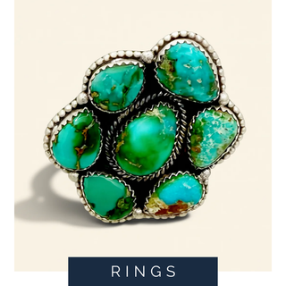 Turquoise ring with silver setting on a beige background