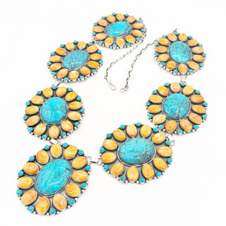 Sheila Tso Massive Masterwork Kingman and Orange Spiny 7 Cluster Necklace