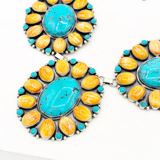 Sheila Tso Massive Masterwork Kingman and Orange Spiny 7 Cluster Necklace