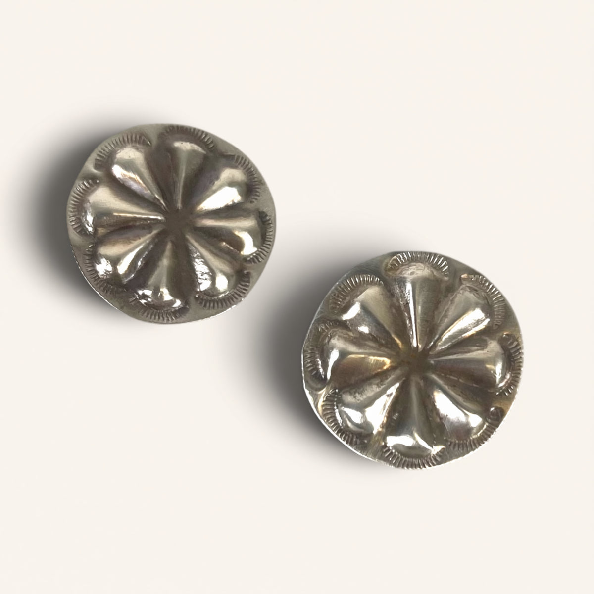 Pair of silver earrings on a white background