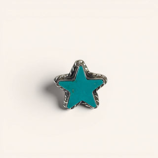 Star-shaped object with turquoise center and silver border on a white background