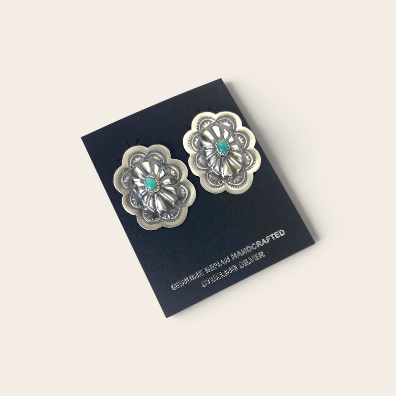 Pair of silver floral earrings with turquoise centers on a black card.
