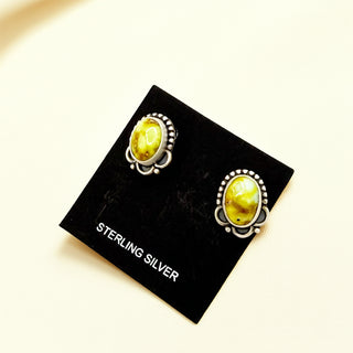 Pair of sterling silver earrings with yellow gemstones on a black card.