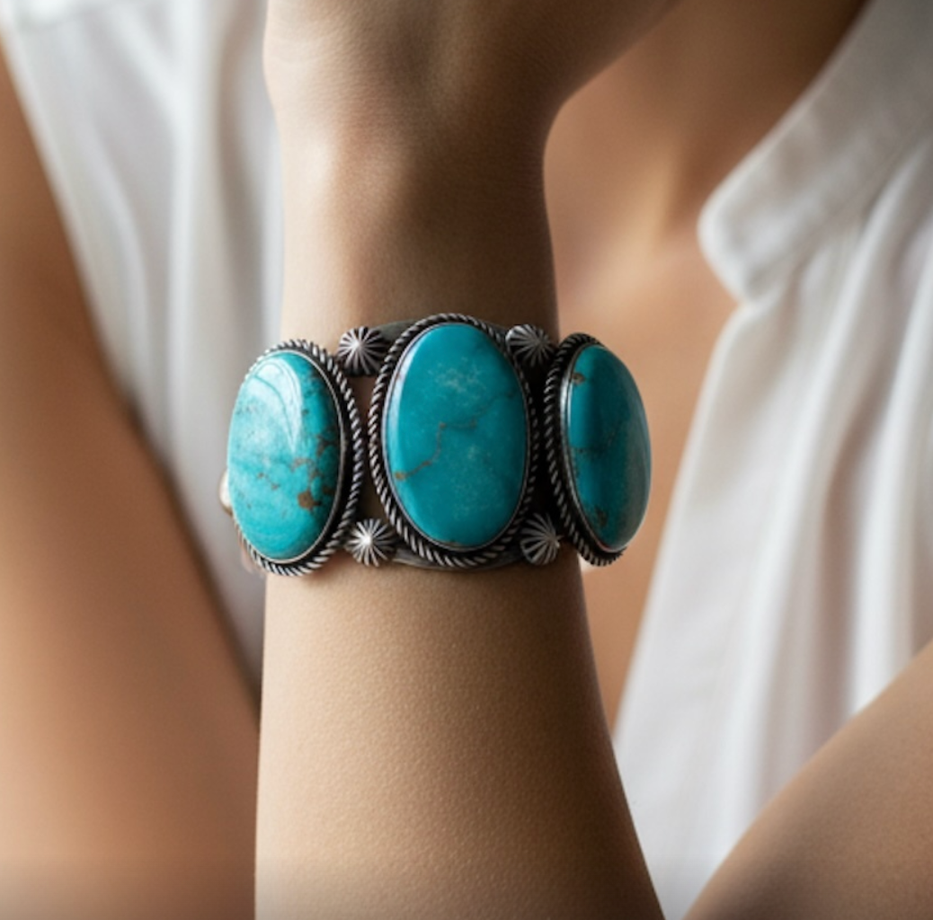 Turquoise bracelet on a wrist with a blurred background