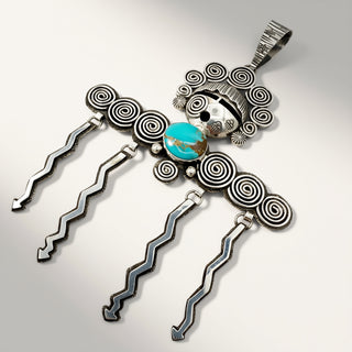 silver maiden pendant with turquoise stone on a beige background 