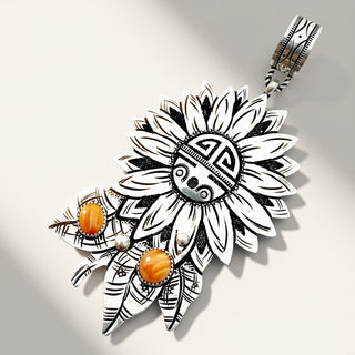 silver pendant with orange stones on a white background