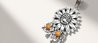 silver pendant with orange stones on a beige background