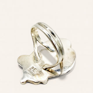 Silver ring with a textured band on a light gray background