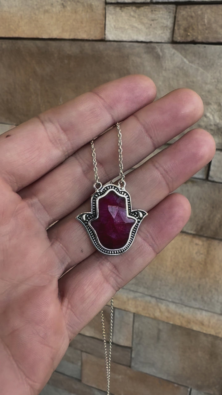 The Hespera Hamsa Necklace - Faceted Ruby